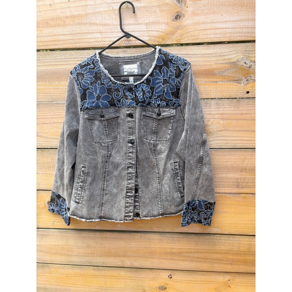 LOGO Denim Lori Goldstein Grey Acid Wash Floral Lace Jacket Plus 20W Limited Ed